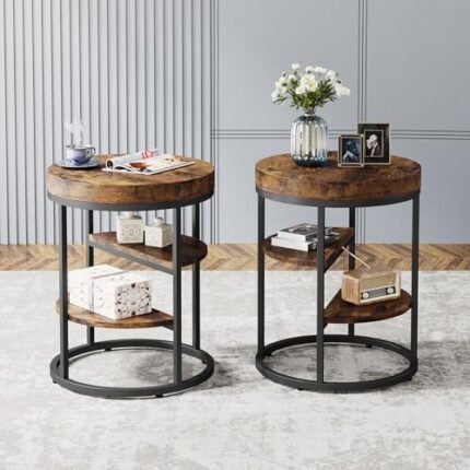 Tribesigns Round End Table Set of 2, 3-Tier Side Table with Storage, Rustic Industrial Nightstand for Small Spaces, Wood Metal Accent Table for Living Room, Bedroom, Sofa, Bedside, Rustic Brown