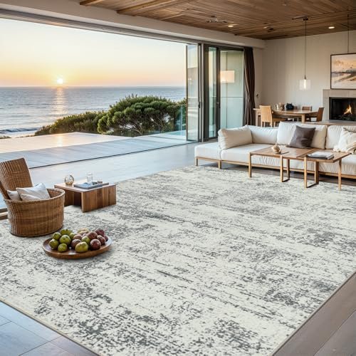 Modern 8x10 Washable Area Rugs - Soft, Non-Slip, Stain-Resistant Carpet 8x10 Area Rugs for Living Room - Washable Rug Modern Abstract Soft Large Neutral Non-Slip Carpet Indoor Floor Stain Resistant Thin Carpets for Bedroom Dining Room Farmhouse Nursery Home Office Grey