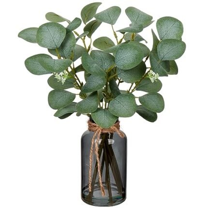 Briful Artificial Eucalyptus Stems in Black Glass Vase with Faux Water, 14" Fake Plant Eucalyptus Leaves for Home Office Farmhouse Wedding Centerpiece Décor