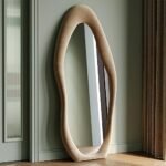 Honyee Full Length Mirror, 63" x 24" Wall Mirror, Flannel Wrapped Wooden Frame Floor Mirror, Irregular Wavy Mirror Hanging or Leaning Against Wall for Cloakroom/Bedroom/Living Room, Milk Tea