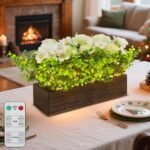 Lighted Centerpiece Table Plant Decor: Rechargeable Home Decor with Artificial Flowers for Coffee Table - Wooden Box with Remote Control & Light Strips for Dining Living Room - Gift for Housewife