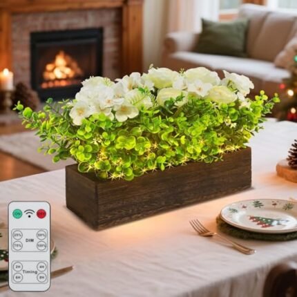 Lighted Centerpiece Table Plant Decor: Rechargeable Home Decor with Artificial Flowers for Coffee Table - Wooden Box with Remote Control & Light Strips for Dining Living Room - Gift for Housewife