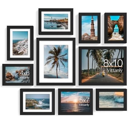 Vittanly 10 Pack Picture Frames Collage Wall Decor, Gallery Wall Frame Set for Wall or Tabletop Display, Engineered Wood and Shatter-resistant Plexiglass, Multi Sizes with 8x10, 5x7, 4x6 Frames, Black