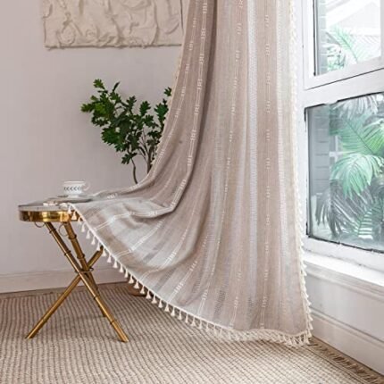 Linen Curtains 84 Inches Long - Embroidery Striped Farmhouse for Living Room, Tassel Boho for Bedroom, Light Filtering 2 Panels Set Rod Pocket Drapes (52" W x 84" L, Khaki)