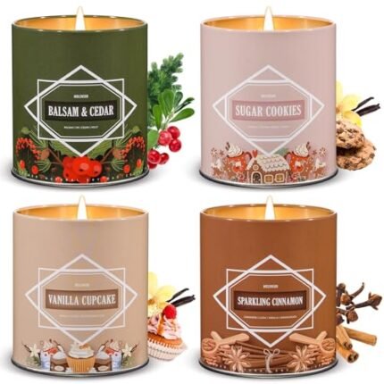 Scented Candle Set, Winter Scented Candles for Home, Holiday Candle Gifts for Women Men, 4 Pack 36oz Soy Candles, Winter Scents of Balsam Cedar/Sugar Cookies/Vanilla Cupcake/Sparkling Cinnamon