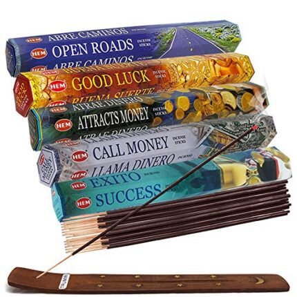 Hem Incense Sticks Variety Pack #5 and Incense Stick Holder Bundle with 5 Money and Success Themed Fragrances