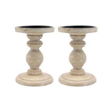 Hosley Set of 2 Antique White Wooden Pillar Candle Holder Country Style 7 Inch High Ideal Gift for Wedding Party Special Occasion or as a Candle Holder