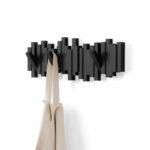Umbra Sticks Wall-Mounted Coat Rack Rail Hook with 5 Retractable Pegs – Modern, Space-Saving Storage Organizer, Black