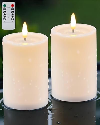 Gmnee 3"x4" Outdoor Waterproof Flameless Candles with Remote and Timers, LED Candles, Battery Operated Candles, Electric Fake Pillar Candles for Patio, Porch, and Lanterns Decor (Ivory)