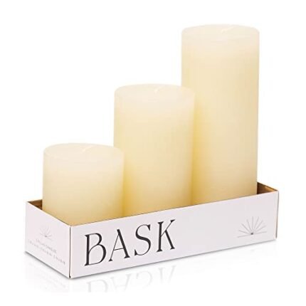 BASK Mottled Pillar Candles - Unscented Ivory Pillar Candles Set of 3 - Dripless, Smokeless for All Occasions