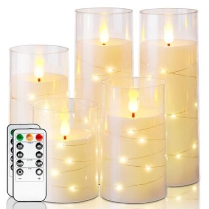 Homemory Flameless Candles with Embedded Star String Fairy Lights, Battery Operated Candles, LED Candle, Fake Candles with Remote Control and Timer, Ivory, Set of 5(H4 5" 6" 8" 8")