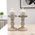 Hosley Set of 2 Antique White Wooden Pillar Candle Holders - 7" Country Style Decor, Perfect for Weddings and Special Occasions. - Image 9