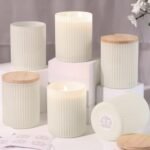 LAMORGIFT 14OZ Creamy Glass Candle Jars for Making Candles, 6 Pack - Empty Candle Jars Bulk with Bamboo Lids and Accessories, Ribbed Candle Vessels Containers for Candle Making