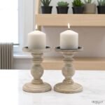 Hosley Set of 2 Antique White Wooden Pillar Candle Holders - 7" Country Style Decor, Perfect for Weddings and Special Occasions. - Image 2