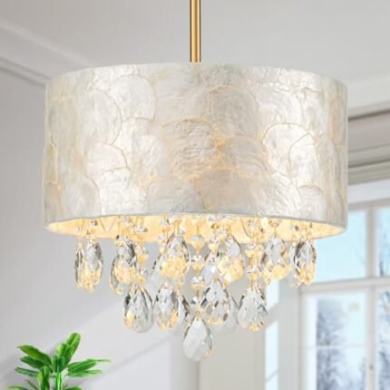 LumFurn 3-Light Drum Capiz Shell Crystal Chandelier, Coastal Style Pendant Light Fixture for Dining Room, Living Room, D12 x H19~49"(Adjustable), Shell Lampshade & Gold Finish