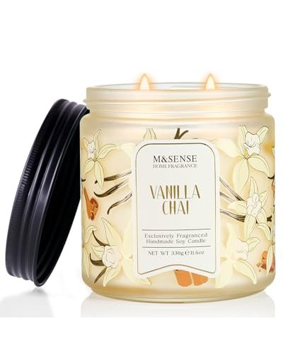 M&SENSE Vanilla Chai Scented Candle, 11.6oz Natural Soy Wax, 70 Hours Long Lasting Clean Burn, Holiday Jar Candle for Home Decor, Non-Toxic Relaxing Aromatherapy Gifts for Women