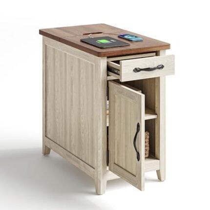 LINSY HOME Farmhouse End Table with Charging Station, Narrow Side Table for Living Room, Sofa Side Table with Drawer and Storage Cabinet, Small Nightstand for Home Office
