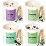 AOOVOO Calm Candles Set for Women - 4 Pack Candles for Home Scented, 28 oz 200 Hour Burn, Aromatherapy Candle with Crystals, Lavender Calm/Jasmine Serenity/Water Lily Pear Harmony/Patchouli Balance