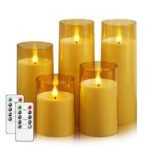 Fo32won Amber LED Flameless Pillar Candles Battery Operated with Remote and Timer, Set of 5 (D 3"×H 4" 5" 6" 8" 8") Decorative Acrylic Flickering Candles with 3D Flame