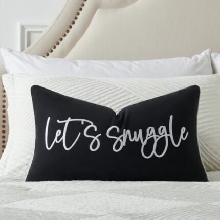 Sunkifover Let's Snuggle Decorative Lumbar Pillow Cover - 12x20 Inch Black and White Cotton Embroidery Throw Pillowcase for Bed, Bedroom, Living Room, Home Decor
