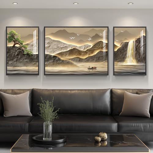 Framed Mountain Wall Art: 3-Piece Brown Landscape Prints for Modern Framed Mountain Wall Art for Living Room, 3 Piece Brown Landscape Painting Prints, Modern Luxury Bright Style Pine Tree Waterfall Artwork for Dining Room,Hallway Office Wall Decor