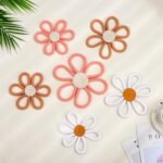 Barydat 6-Piece Boho Nursery Decor: Woven Macrame Daisy Flower Wall Hangings in Pink, Brown, and White. - Image 3