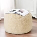 HIGOGOGO Round Faux Fur Pouf Ottoman - Fluffy 20" x 15" Foot Stool with Foam Filling, Beige Floor Storage. - Image 5