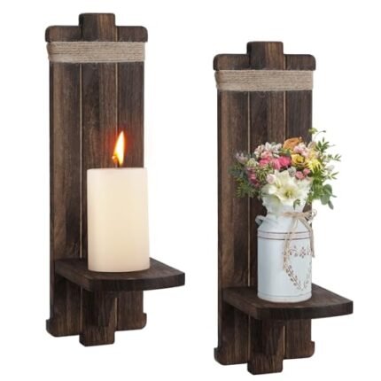 Farmhouse Wall Decor Candle Sconces - 2 Pcs Vintage Rustic Handmade Wooden Wall-Mount Candle Holders for Bedroom Living Room Bathroom Home Hanging Art Decorations Accessories Gifts, Brown