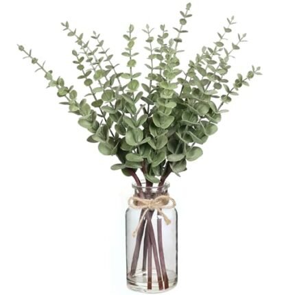 VIERENA 17.5" Artificial Eucalyptus Stems in Glass Vase with Faux Water,Fake Plant Eucalyptus Leaves White Seeds for Centerpiece Table Decorations Farmhouse Wedding Home Greenery Decor (Sage Green)
