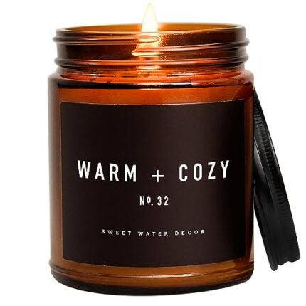 Sweet Water Decor Warm and Cozy Candle | Pine, Orange, Cinnamon, and Fir Balsam Winter Scented Soy Candles for Home | 9oz Amber Jar with Black Lid, 40 Hour Burn Time, Made in The USA