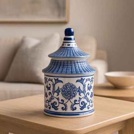 Plumeria Chinoiserie Candle Holder Jar – Pagoda-Inspired Decorative Taper Candle Holders – Elegant Office & Home Decor Accents for Living Room & Bedroom – 5"x8", Blue & White