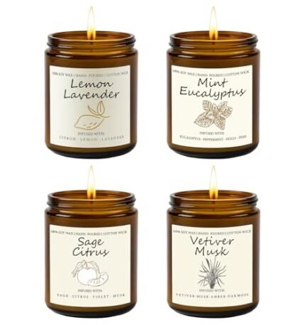 Scented Candle Gift Set, 4 Pack 25oz Soy Wax Candles, Long Lasting Aromatherapy Candles for Home Fragrance, Ideal Gift for Women and Men – Eucalyptus Mint, Lemon Lavender, Musk Vetiver, Sage Citrus