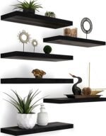 YYWUOJJ Wood Floating Shelves for Wall Decor, Rustic Wall Shelves for Bedroom Bathroom Kitchen Living Room, Set of 6 Black