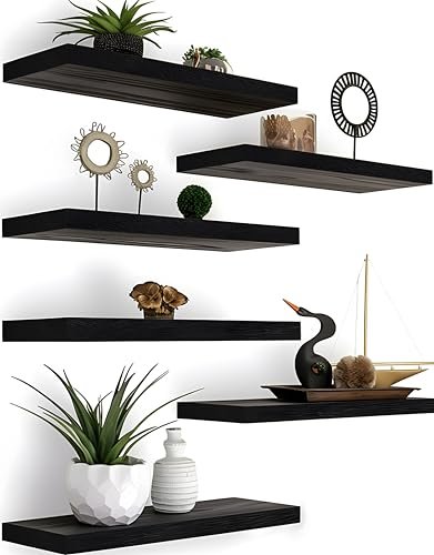 YYWUOJJ Wood Floating Shelves for Wall Decor, Rustic Wall Shelves for Bedroom Bathroom Kitchen Living Room, Set of 6 Black
