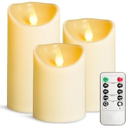LEOSAN Led Flameless Candles Outdoor Indoor Battery Operated Flickering Candles with Remote Timers Won't Melt Ivory Plastic Dia 3" x H 4" 5" 6" for Halloween, Party, Valentine's Day, Wedding 3 pcs