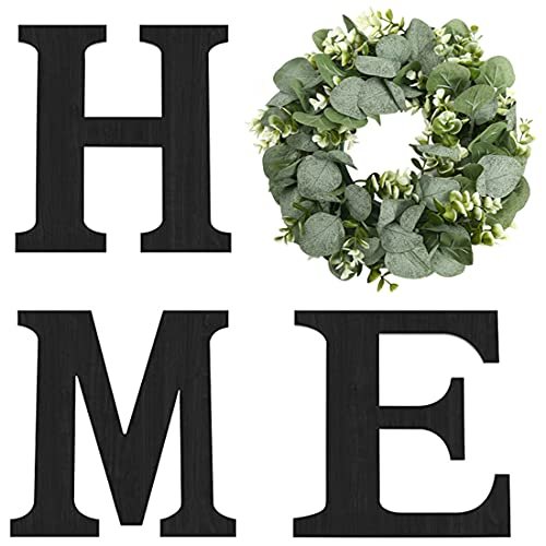 Wood Home Sign with Eucalyptus Wreath - Rustic Wall Decor Wood Home Sign with Artificial Eucalyptus Wreath for O, Hanging Farmhouse Wall House Decor Wood Letters for Wall Art Rustic Home Decor, Wall Decor for Living Room Kitchen Entryway (Black)
