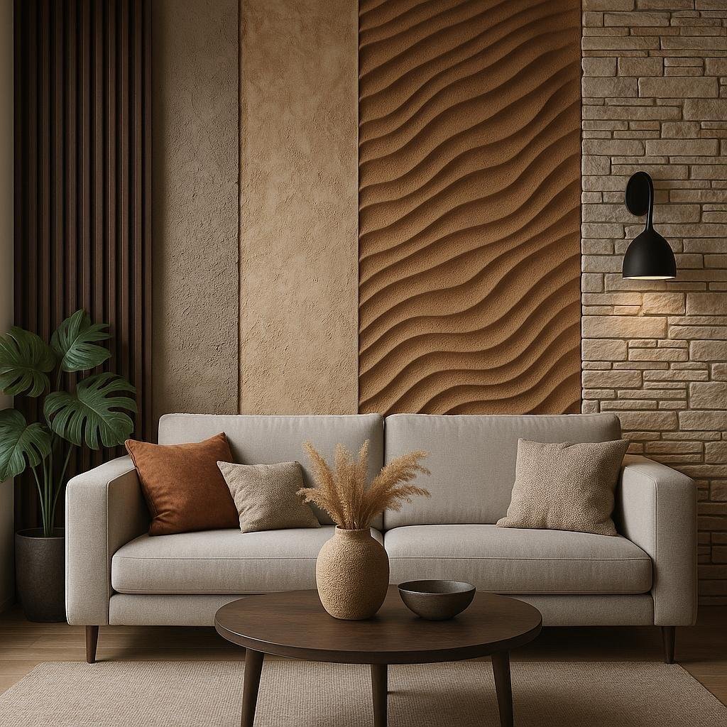 What are some ways to create a textured feature wall in a living room?