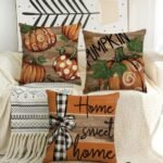 Thanksgiving Pillow Covers Set of 4, 18x18 Inches, Autumn Pumpkin & Stripes for Fall Decor - Image 5