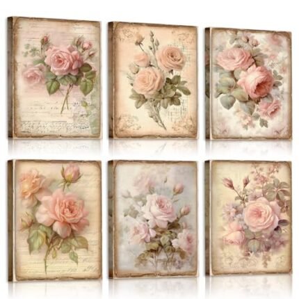 Vercraft 6 Pcs Framed Vintage Flowers Canvas Wall Art Pink Rose Wall Decor Retro Floral Pictures Farmhouses Decor for Home Office Bedroom Plant Printing Painting, 8 x 10 Inch