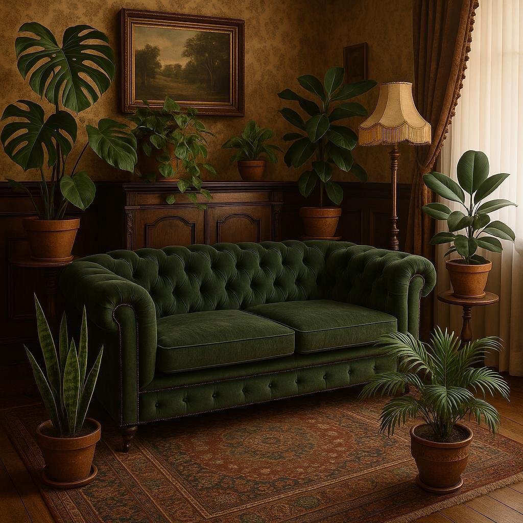What are some good plants for incorporating into a vintage-style living room decor?