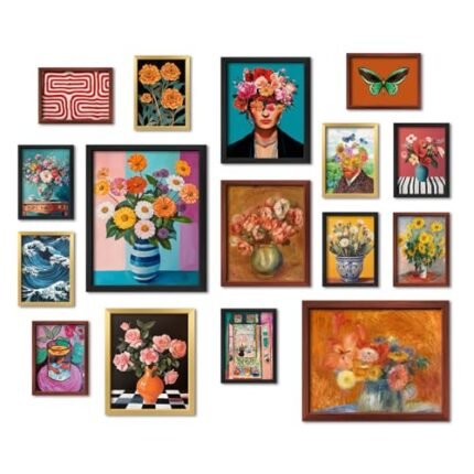 16 PCS Framed Eclectic Wall Art Decor, Modern Maximalist Home Gallery Wall Frame Set Prints for Bedroom Bathroom, Colorful Posters for Living Room Aesthetic, Floral Dorm Artwork Collage Kit Pictures