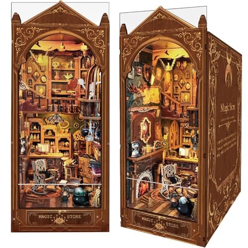 Magic Dollhouse Book Nook Kit with LED Lights – DIY Book Nook Kit, Magic Store Dollhouse Booknook Bookshelf Insert Decor Alley DIY Miniature House Kit with Led Light Crafts for Adults and Teens to Build-Creativity Model Gift