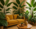 How can I create a tropical oasis in my living room decor with large leafy plants?