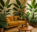 How can I create a tropical oasis in my living room decor with large leafy plants?