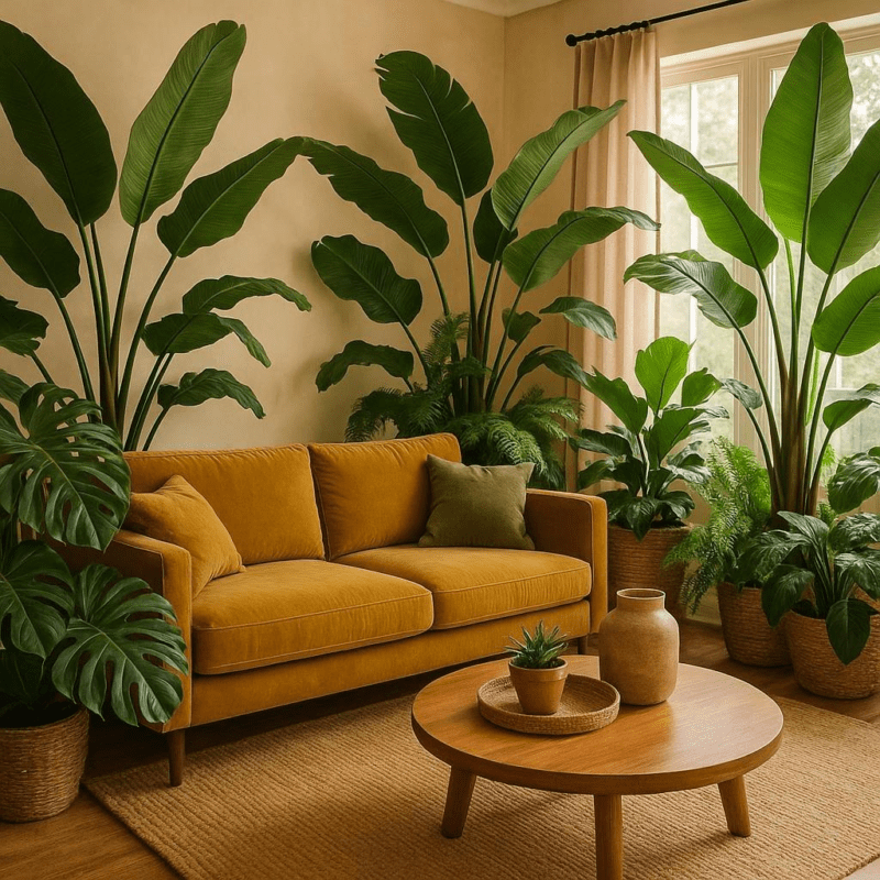 How can I create a tropical oasis in my living room decor with large leafy plants?