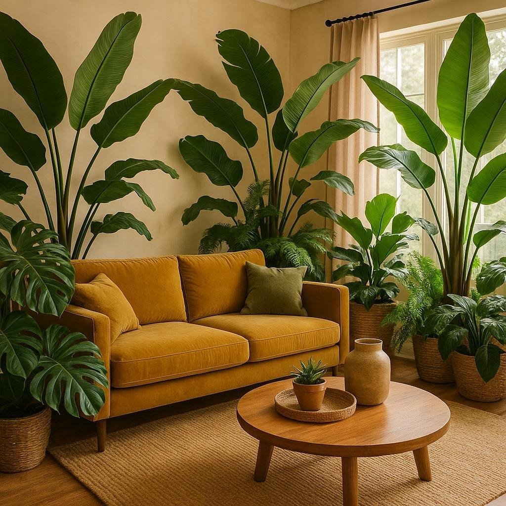 How can I create a tropical oasis in my living room decor with large leafy plants?