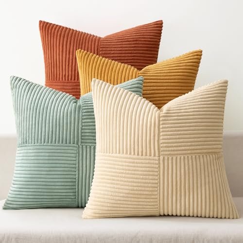 MIULEE Set of 4 Teal & Orange 18x18 Inch Boho MIULEE Teal Orange Decorative Throw Pillow Covers 18x18 Inch Set of 4 Boho Corduroy Striped Cushion Cases Modern Farmhouse Patchwork Pillow Cases for Couch Sofa Bedroom Home Decor