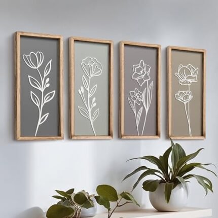 3D Wooden Floral Bathroom Wall Decor (Set of 4) Lightweight, Ready-to-Hang Framed Wall Art For Living Room, Bedroom, or Office - Premium Boho Botanical Farmhouse Decorations - Gift-Boxed