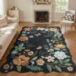 Lahome Floral Rugs for Living Room, 5x7 Area Rugs Ultra-Thin Soft Washable Rug, Non-Slip Bedroom Rug Stain Resistant Lightweight Boho Low-Pile Throw Carpet for ‎Dining Room Office (5x7ft,Black/Grey)
