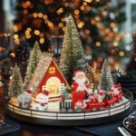 Oroyutor 12 Pcs Christmas Village Set - 13" Oak Wooden Lazy Susan with Santa Train, House & Trees – Indoor Christmas Centerpiece Decor for Holiday Coffee Table, Dining Table, or Mantel Decor